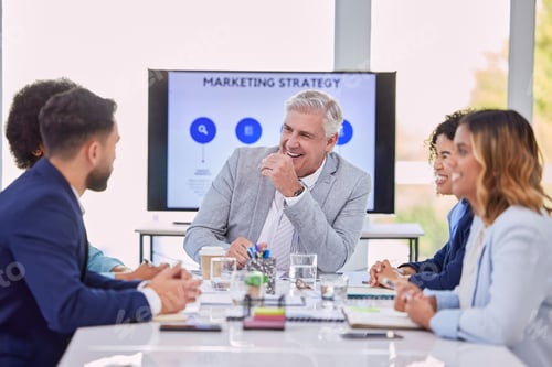 Preview: Business people, meeting and marketing team laughing for funny meme, joke or collaboration at offic