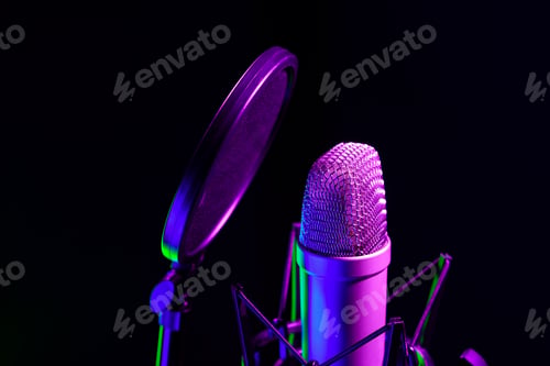Preview: Professional microphone against black background in studio