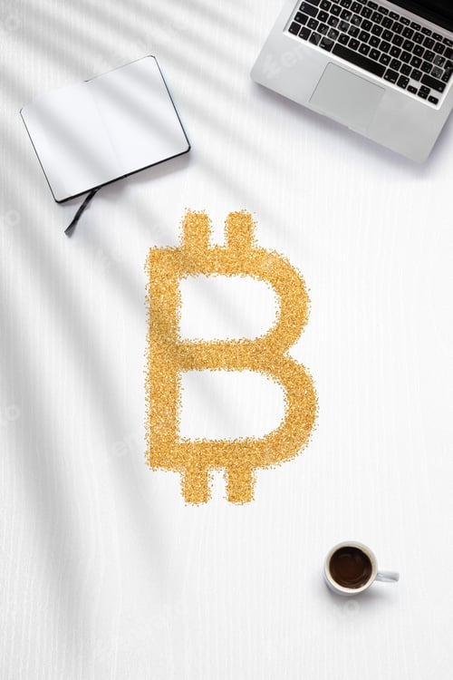Preview: Flat lay about earning money from home with a Bitcoin sign