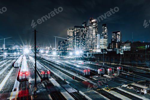 Preview: High angle shot of the train station in New York City, United States captured at night