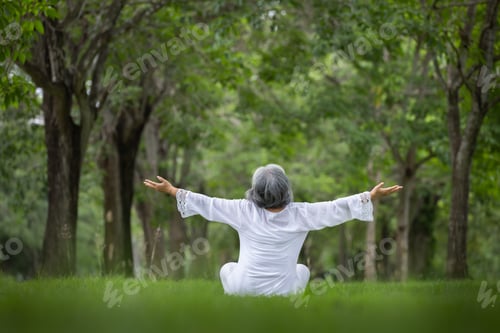 Preview: Elderly Woman Sitting in Green Park, Relaxing and Enjoying Nature, Surrounded by Trees