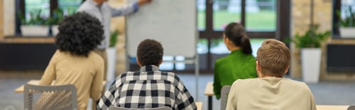 Preview: Confident mature coach or speaker pointing at flip chart and explaining something to people sitting