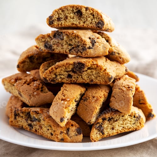 Preview: Homemade Italian Cantuccini with Chocolate on a White Plate, low angle view.