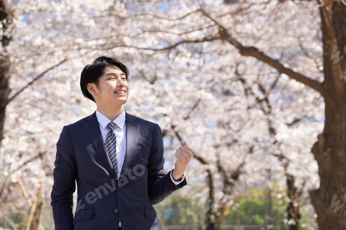 Preview: A Japanese businessman poses with cherry blossoms in the background.