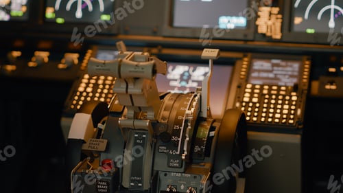 Preview: No people in empty aviation cabin with engine lever on dashboard