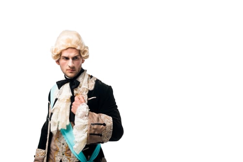 Preview: elegant victorian man in wig standing isolated on white
