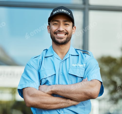 Preview: Asian man, portrait and security guard with arms crossed in city for career safety or outdoor prote