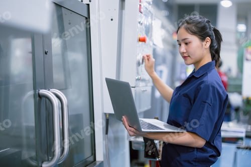 Preview: young technician engineer worker women working with CNC lathe metal machine in modern steel industry