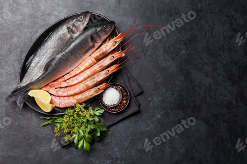 Preview: Fresh seafood. Trout fish and langostino shrimps