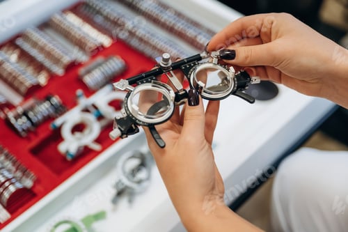 Preview: Bunch of objects. Ophthalmologist is picking different lenses that are in the kit