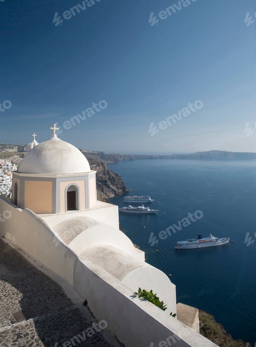 Preview: View of white washed church and sea ferries, Oia, Santorini, Cyclades, Greece