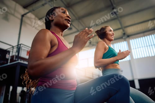 Preview: Below view of athletic women working out in a gym.