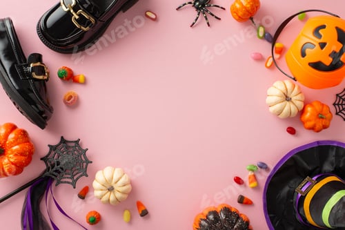 Preview: Bewitching Halloween witch attire for little girl. Top view of shoes, hat, enchanted wand