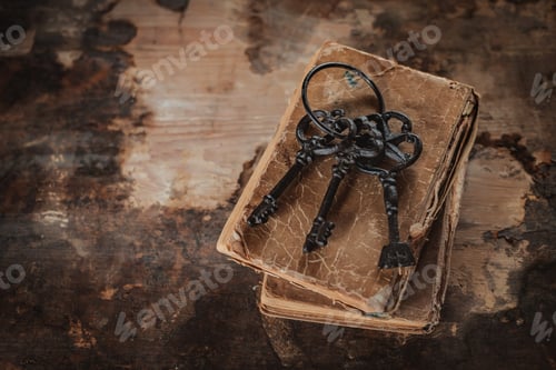 Preview: Antique forged keys on old books. Vintage wooden background.