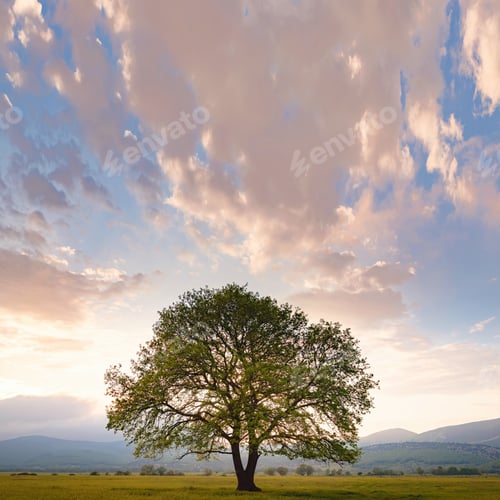 Preview: old oak tree over spring sunset sky