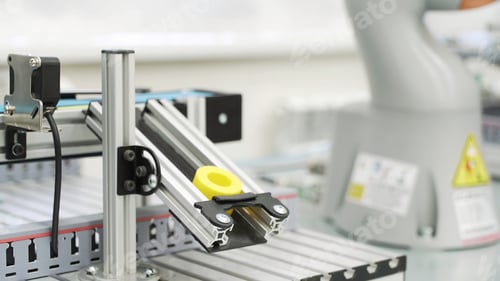 Preview: Close up of yellow object created by 3D printer in modern workshop. Scene. Technological background