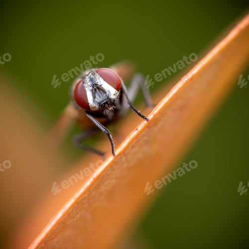 Preview: Small fly is perched on the veined surface of a brown plant leaf
