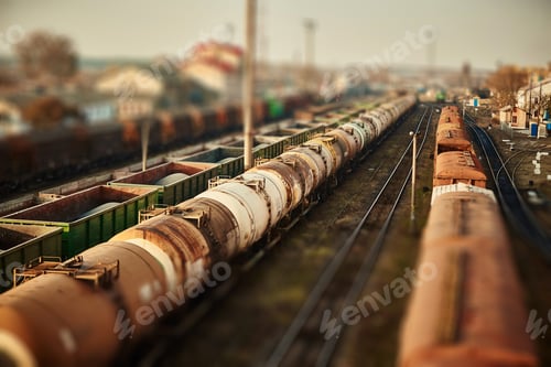 Preview: Freight railway cars at the railway station. Top view of cargo trains.Wagons with goods on railroad.