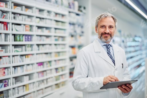 Preview: Portrait of a smiling senior male pharmacist holding a digital tablet.