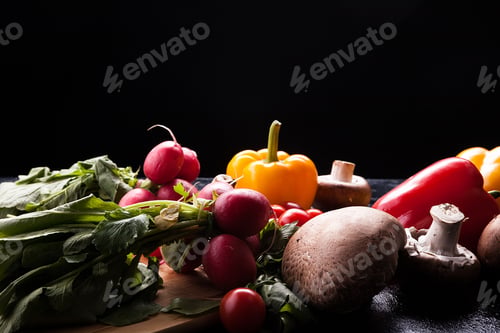 Preview: Delicious fresh vegetable on dark wooden background