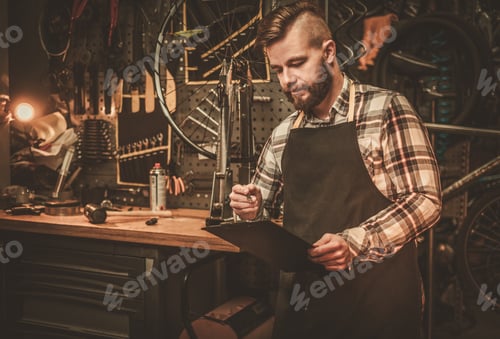 Preview: Stylish bicycle mechanic making notes in clipboard in his workshop.