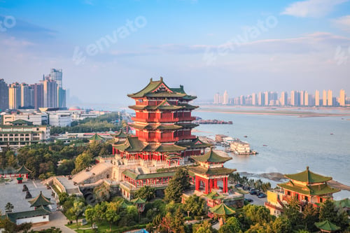 Preview: low angle of light shining on the tengwang pavilion