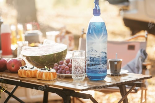 Preview: Fresh water, watermelon, grape and other food on the table on picnic camp outdoors