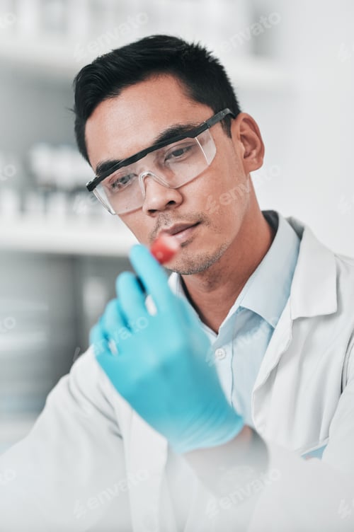 Preview: Science, test and man with tube in laboratory for chemical analysis, inspection and vaccine develop