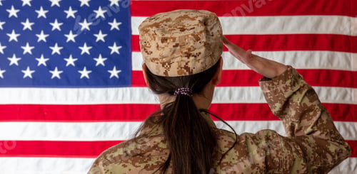 Preview: Female US Army Soldier salute in front of an American flag. Woman in military uniform rear view