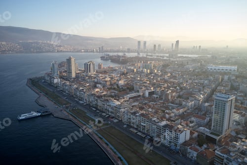 Preview: Aerial view of Izmir city by the sea in Turkey.