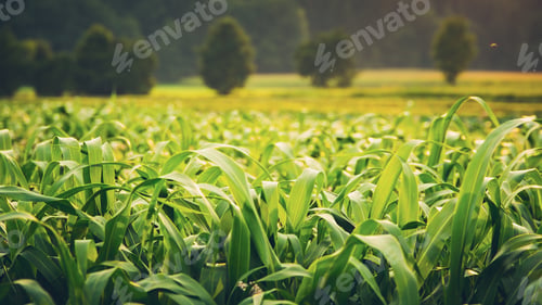 Preview: Green field with young corn at sunset
