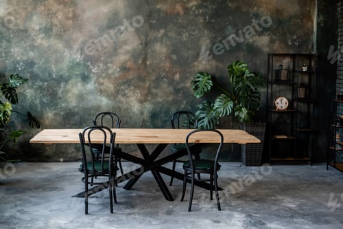 Preview: The dark loft has wooden table black chairs, stylish clock rack. Grunge wall in green-gray color.