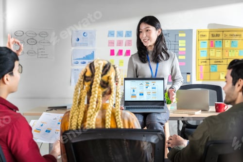 Preview: Asian female creative designers present ux UI to team.designers team working meeting in a modern off