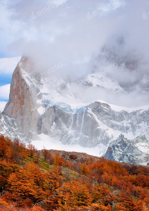 Preview: Fitz Roy mountain in clouds and beech trees, Patagonia. Argentina
