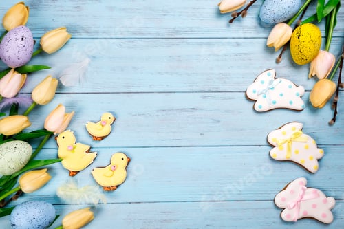 Preview: Happy Easter colorful lettering Happy Easter of ginger biscuits and cookies bunny