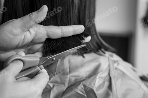 Preview: Soft focus of scissor cutting hair. Close up. Monochrome, black and white.