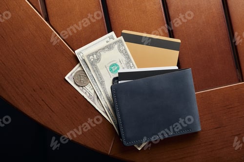 Preview: top view of credit cards, cash and wallet on table