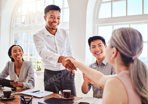 Preview: Handshake, networking and business people meeting about corporate partnership in office at work. Ha
