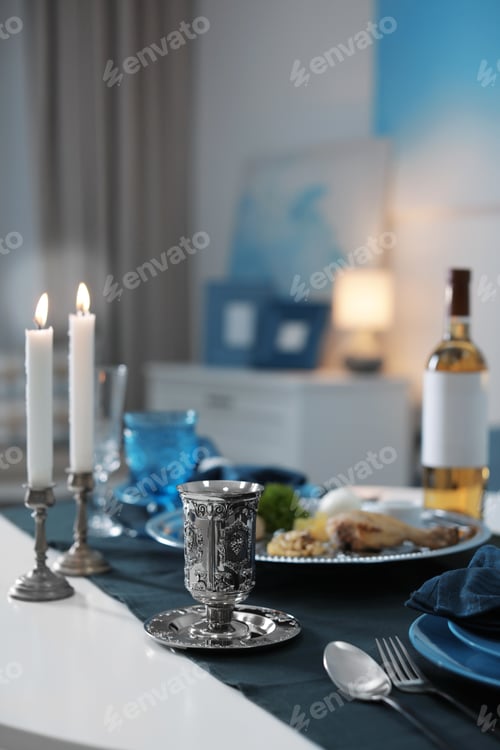 Preview: Table served for Passover (Pesach) Seder indoors, space for text