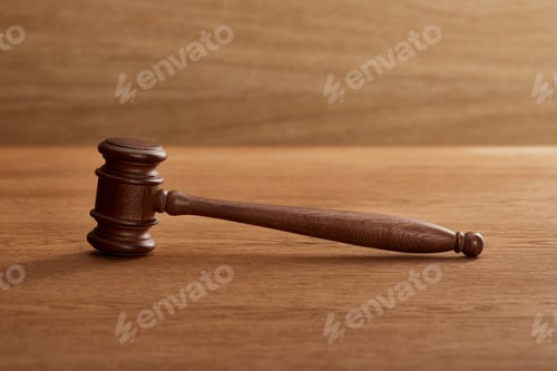 Preview: wooden gavel on brown wooden table with copy space