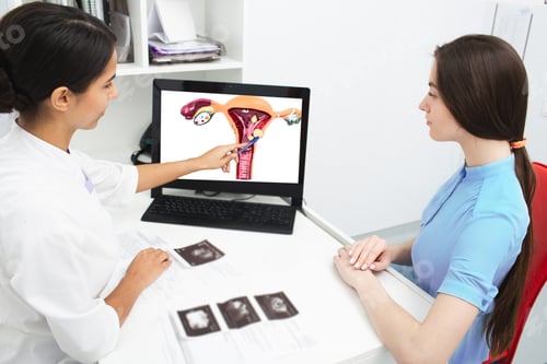 Preview: Gynecology, consultation. Gynecologist explains to woman about disease of uterus polyp