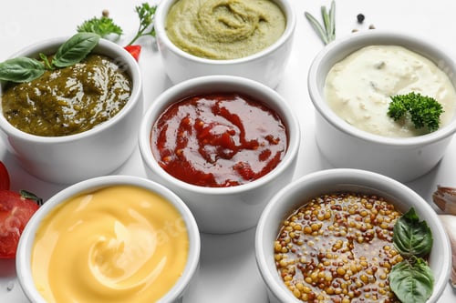 Preview: Bowls with different sauces on white background