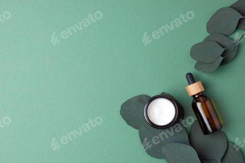 Preview: Cosmetic skin care products with eucalyptus on green background. Flat lay, copy space