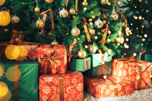 Preview: Many gift boxes standing under decorated Christmas tree