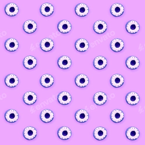Preview: Many small plastic donuts lies on a pastel colorful background. Flat lay minimal pattern. Top view