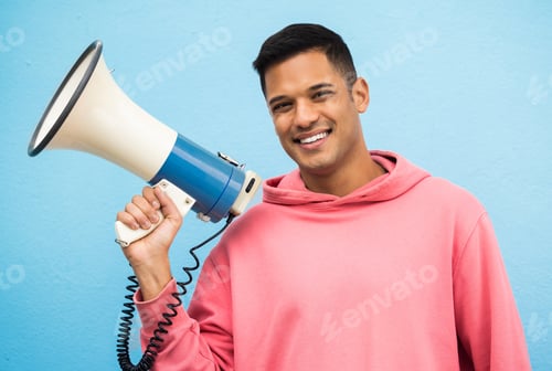 Preview: Megaphone, man and portrait of a male speaker ready for justice, equality and human rights speech.
