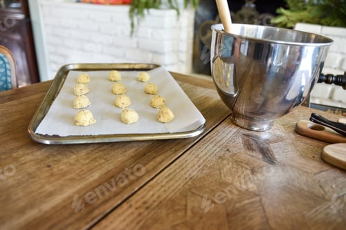 Preview: Cookie Dough Balls on Baking Sheet with Mixer