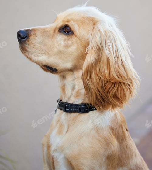 Preview: Portrait shot of an adorable cocker spaniel puppy sitting outside