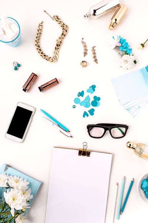 Preview: Still life of fashion woman, blue objects on white