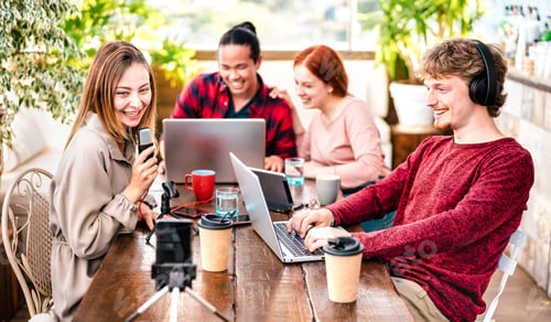 Preview: Happy people sharing content on streaming platforms with digital web cam